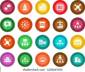 Round color solid flat icon set - hierarchy vector, well, molecule, hospital, office building, garage, plan, home message