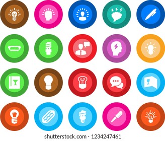 Round color solid flat icon set - speaking man vector, pen, brainstorm, bulb, dialog, wine card, hot dog, energy saving, shining head, idea