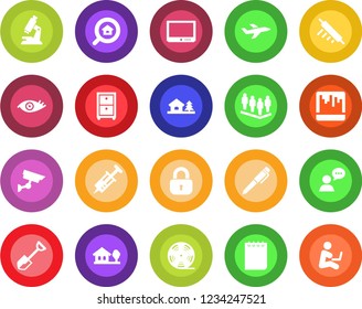 Round color solid flat icon set - team vector, notepad, shovel, syringe, microscope, eye, plane, reel, tv, speaker, scanner, archive box, pen, house with tree, estate search, lock, rolling pin