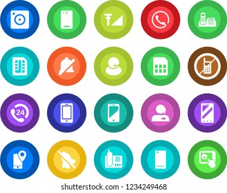 Round color solid flat icon set - no mobile vector, phone, 24 hours, support, tracking, cell, radio, back, camera, sim, mute, cellular signal, office, home control app