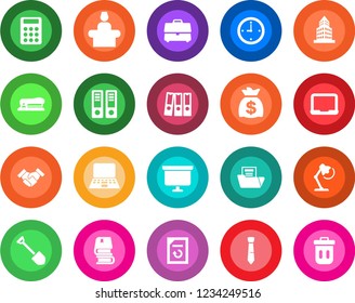 Round color solid flat icon set - reception vector, office binder, notebook pc, money bag, presentation board, job, document reload, case, clock, building, folder, calculator, paper, desk lamp, tie