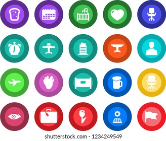 Round color solid flat icon set - fence vector, suitcase, office chair, real heart, eye, plane, term, tulip, user, alarm, sun panel, children room, table, city house, restaurant, beer, bread, flag