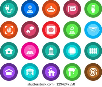 Round color solid flat icon set - warehouse storage vector, sun panel, water supply, sold signboard, sweet home, city house, chip, eco, socket, power plug, fingerprint, radiator, warm floor, message