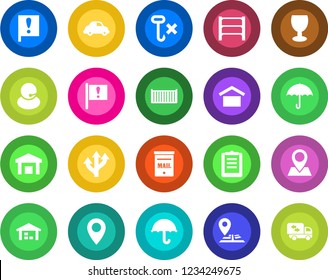 Round color solid flat icon set - route vector, navigation, pin, important flag, support, cargo container, car delivery, clipboard, fragile, umbrella, warehouse storage, no hook, rack, mailbox
