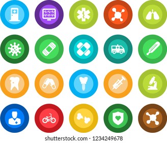 Round color solid flat icon set - medical room vector, monitor pulse, molecule, syringe, thermometer, microscope, pills, patch, ambulance star, car, bike, heart shield, lungs, caries, implant, virus