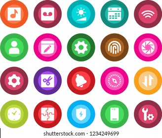 Round color solid flat icon set - phone back vector, mobile camera, protect, settings, user, clock, bell, record, calendar, notes, data exchange, wireless, brightness, cut, compass, fingerprint id