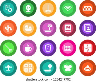 Round color solid flat icon set - taxi vector, luggage storage, document reload, rake, butterfly, route, heavy scales, photo gallery, application, fruit tree, wireless, restaurant table, menu, salad