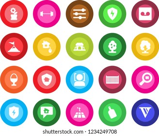 Round color solid flat icon set - tree vector, barbell, cargo container, search, protect, tuning, record, face id, fruit, flower in pot, egg stand, cafe building, cutting board, home control, pennon