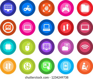 Round color solid flat icon set - no laptop vector, mouse, monitor pulse, gamepad, tv, network, folder, data exchange, wireless, document, notebook pc, chip, fingerprint, home control app, man with