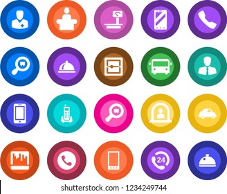 Round color solid flat icon set - airport bus vector, phone, reception, mobile, doctor, office, 24 hours, client, car delivery, heavy scales, search cargo, call, scanner, dish