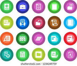 Round color solid flat icon set - passport vector, document search, notepad, reload, contract, folder, news, case, paper binder, tray, estate