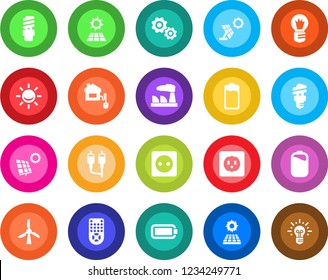Round color solid flat icon set - bulb vector, factory, remote control, battery, rca, sun panel, home, socket, energy saving, windmill, alarm led, gear, idea