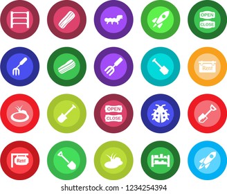Round color solid flat icon set - job vector, garden fork, shovel, lady bug, caterpillar, pond, rack, rent, bacon, open close, rocket
