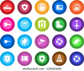 Round color solid flat icon set - plane radar vector, security gate, alarm car, border cone, safe, lock, glove, boot, hose, heart shield, protect, key, intercome, surveillance, sprinkler