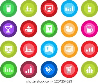 Round color solid flat icon set - growth statistic vector, monitor, equalizer, statistics, alcohol, wine card, drink, cocktail, phyto bar, beer, salad, sushi, arrow up graph