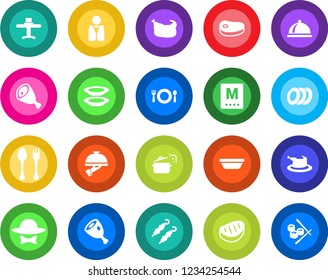 Round color solid flat icon set - spoon and fork vector, waiter, dish, restaurant table, cafe, menu, plates, dress code, chicken, steak, kebab, ham, bowl, steaming pan, sushi