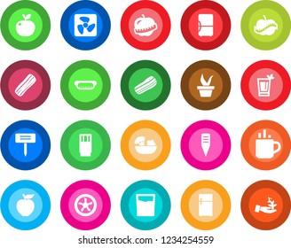 Round color solid flat icon set - hot cup vector, seedling, plant label, diet, drink, phyto bar, salad, bacon, dog, apple fruit, fan, fridge, palm sproute