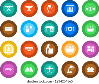 Round color solid flat icon set - cafe vector, baby room, reception, flight table, desk, meeting, picnic, manager, lamp, restaurant, reserved, salt and pepper, serviette