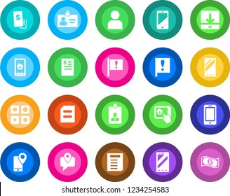 Round color solid flat icon set - mobile phone vector, identity card, document, important flag, tracking, cell, user, download, application, restaurant receipt, home control app, cash