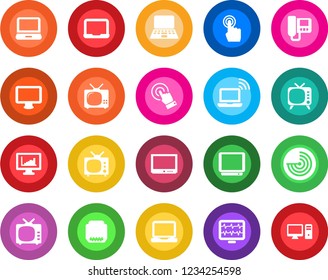 Round color solid flat icon set - wireless notebook vector, radar, pc, monitor pulse, tv, touch screen, laptop, hdmi, statistics, intercome