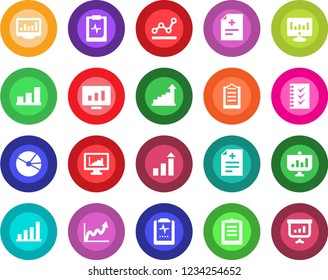 Round color solid flat icon set - growth statistic vector, monitor, diagnosis, pulse clipboard, statistics, bar graph, pie, checklist, point, presentation