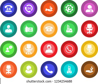 Round color solid flat icon set - office chair vector, phone, 24 hours, support, speaker, radio, call, root setup, palm sproute