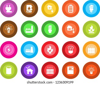Round color solid flat icon set - fire vector, oil barrel, battery, charge, heater, factory, home control, eco house, power plug, water, bulb, energy saving, idea