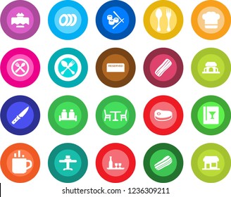 Round color solid flat icon set - hot cup vector, spoon and fork, cafe, alcohol, restaurant table, cook hat, wine card, reserved, plates, bacon, salt pepper, building, steak, knife, sushi