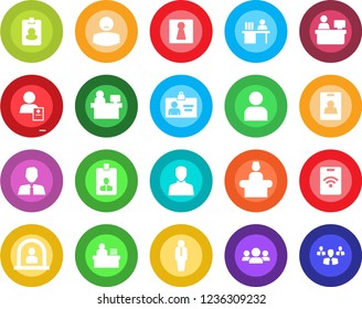 Round color solid flat icon set - female vector, reception, manager, identity card, place, patient, user, desk, estate agent, pass, group