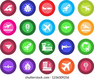 Round color solid flat icon set - plane vector, departure, arrival, ladder car, boarding, helicopter, globe, airport building, lady bug, rocket, paper, air balloon