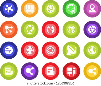Round color solid flat icon set - satellite antenna vector, globe, plane, earth, pin, consolidated cargo, network, share, news, social media