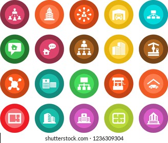 Round color solid flat icon set - hierarchy vector, well, molecule, hospital, office building, garage, plan, home message