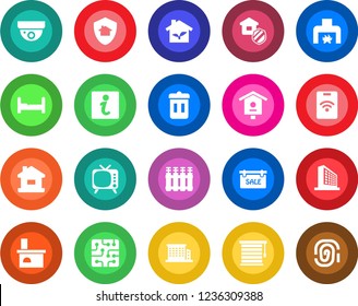 Round color solid flat icon set - office building vector, fireplace, bird house, tv, sale, bedroom, estate insurance, chip, eco, radiator, jalousie, home protect, trash bin, information, pass card