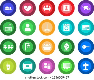 Round color solid flat icon set - fence vector, female, baggage larry, desk, meeting, rake, wheelbarrow, truck trailer, heart, user, calendar, house with tree, fruit, key, children room, phyto bar