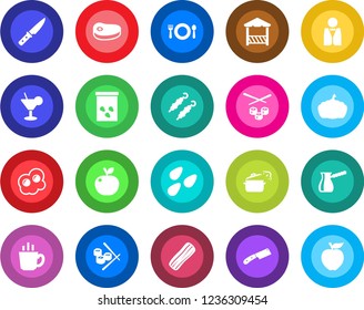 Round color solid flat icon set - pumpkin vector, seeds, waiter, cafe, cocktail, coffee, bacon, alcove, steak, kebab, knife, steaming pan, turkish, sushi, omelette, apple fruit