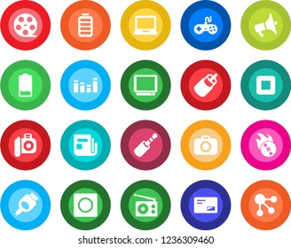Round color solid flat icon set - reel vector, flame disk, camera, radio, news, loudspeaker, gamepad, equalizer, tv, laptop pc, battery, low, mail, stop button, rca, hdmi, jack connector, record