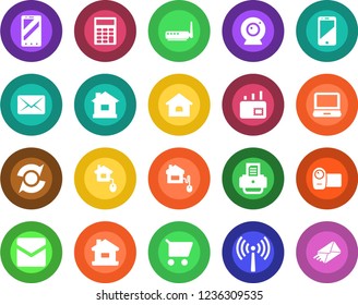 Round color solid flat icon set - antenna vector, mobile phone, printer, house, video camera, cell, laptop pc, mail, update, calculator, home control, router, web, cart
