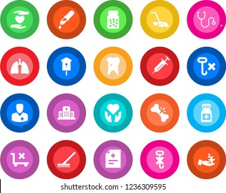 Round color solid flat icon set - rake vector, lawn mower, bird house, diagnosis, stethoscope, syringe, dropper, pills bottle, heart hand, lungs, caries, broken bone, hospital, doctor, no trolley