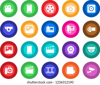 Round color solid flat icon set - clapboard vector, film frame, reel, camera, video, phone back, mobile, gallery, web, intercome, surveillance
