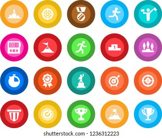 Round color solid flat icon set - dispatcher vector, pedestal, pennant, medal, run, stopwatch, target, motivation, award cup