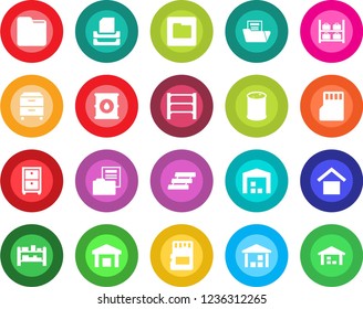 Round color solid flat icon set - luggage storage vector, warehouse, oil barrel, rack, sd, folder, document, paper tray, archive box