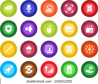 Round color solid flat icon set - hierarchy vector, mouse, calendar, hose, pills bottle, scalpel, heart shield, speaker, eye id, photo gallery, cellular signal, update, office chair, archive box
