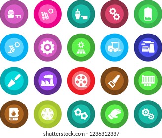 Round color solid flat icon set - fork loader vector, gear, factory, trowel, glove, saw, truck trailer, sea port, reel, low battery, sun panel, water heater