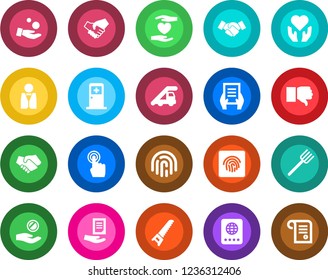 Round color solid flat icon set - passport vector, ladder car, medical room, handshake, document, farm fork, saw, heart hand, touch screen, finger down, fingerprint id, waiter, investment, contract