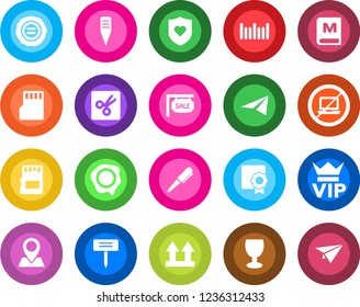 Round color solid flat icon set - no laptop vector, vip, pen, stamp, plant label, heart shield, pin, fragile, up side sign, barcode, sd, cut, sertificate, sale, menu, paper plane