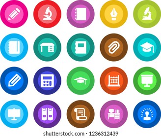 Round color solid flat icon set - book vector, graduate, desk, notepad, pencil, contract, microscope, calculator, copybook, presentation board, paper clip, abacus, ink pen, shining head