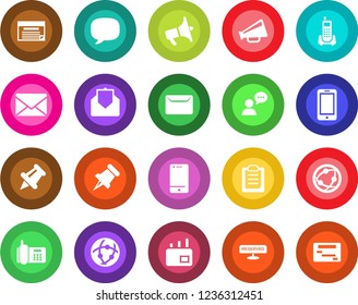 Round color solid flat icon set - mobile phone vector, mail, office, loudspeaker, network, cell, speaker, paper pin, message, clipboard, reserved, schedule