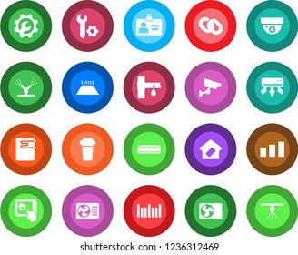 Round color solid flat icon set - identity card vector, drip irrigation, sorting, barcode, chain, root setup, air conditioner, smart home, water heater, control app, filter, warm floor, surveillance