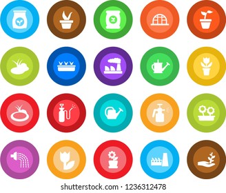 Round color solid flat icon set - factory vector, flower in pot, seedling, watering can, greenhouse, pond, garden sprayer, fertilizer, tulip, palm sproute