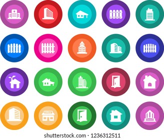 Round color solid flat icon set - office building vector, fence, house, hospital, store, with garage, city, eco, door